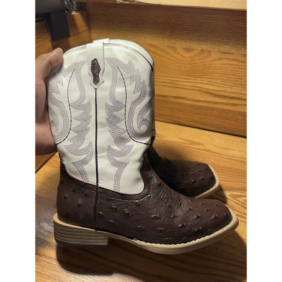 Roper Bumps Faux Ostrich Square Toe Cowboy Youth Boys Brown Casual Boots Sz 4 - Picture 5 of 8